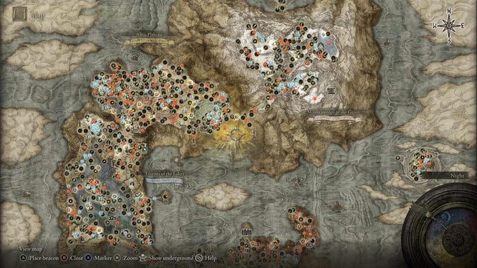 A map of Elden Ring covered in markers from the Map For Goblins mod.