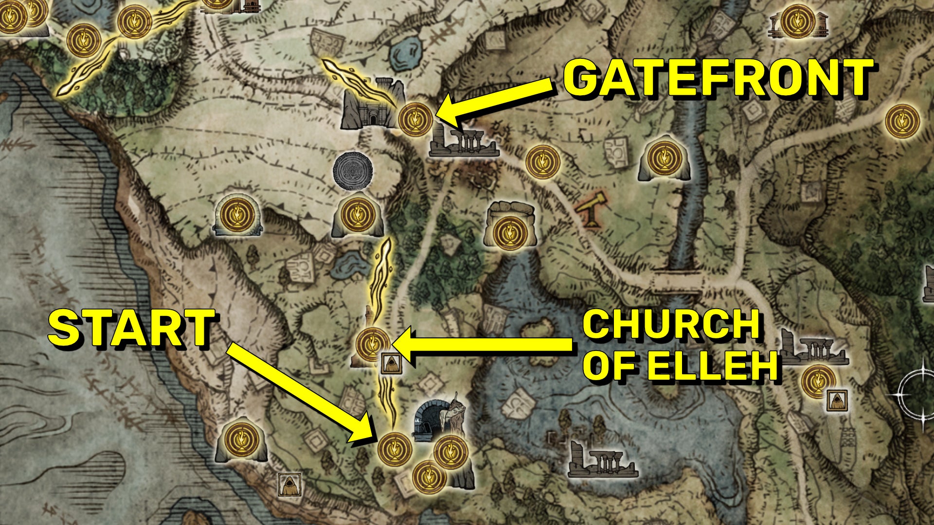 A map of part of Limgrave in Elden Ring, with the starting point, the Gatefront, and the Church Of Elleh all marked in yellow. - 4