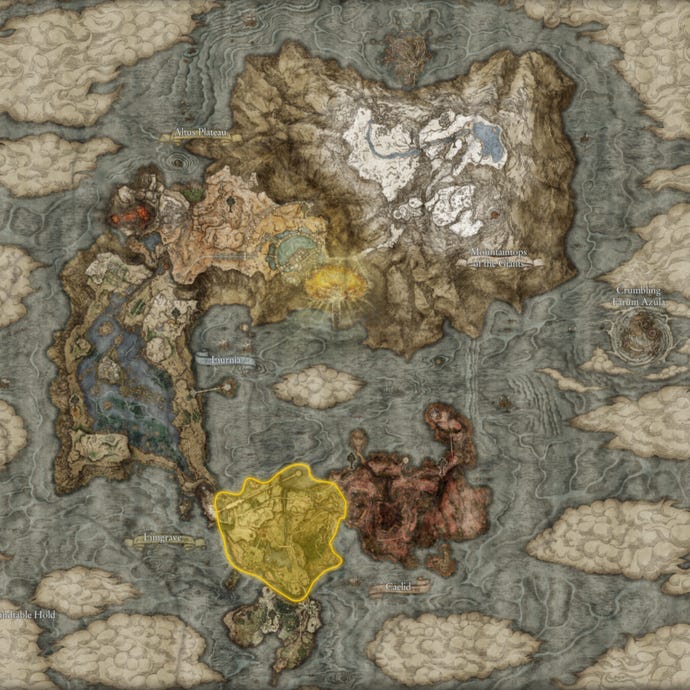 A map of The Lands Between in Elden Ring, with the region of Limgrave highlighted in yellow.
