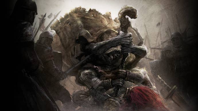 Margit jumps down upon Radahn and flattens him to the floor in artwork for Elden Ring.