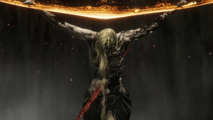 Queen Marika in Elden Ring, hoisted on an arc of golden light within the Erdtree.