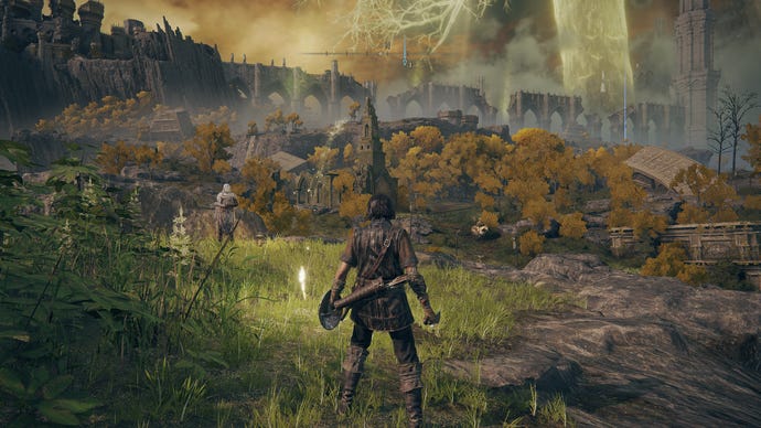 A scene from Elden Ring showing the player character looking out over the Limgrave region. This shows the Maximum graphics preset.