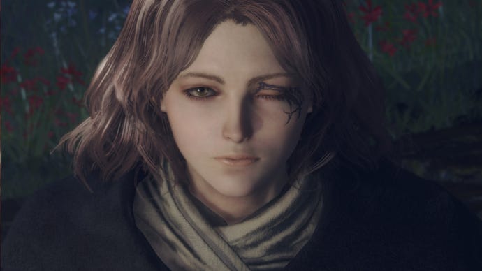 A close-up of Melina's face in Elden Ring.