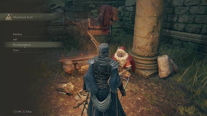 Approaching Merchant Kalé for the first time in Elden Ring.