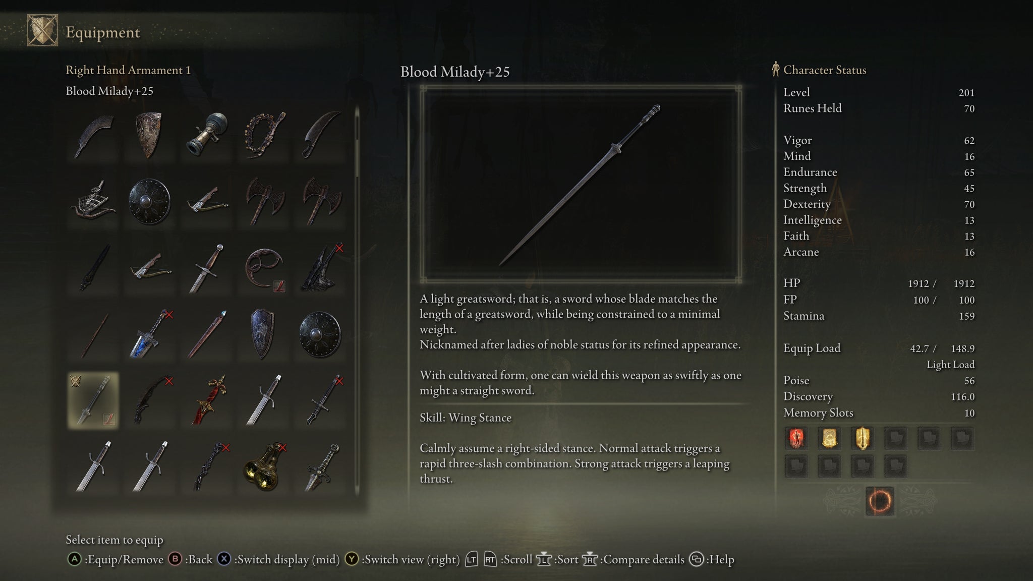 The inventory screen in Elden Ring showing the description for the Milady Light Greatsword in the Shadow Of The Erdtree DLC. - 9