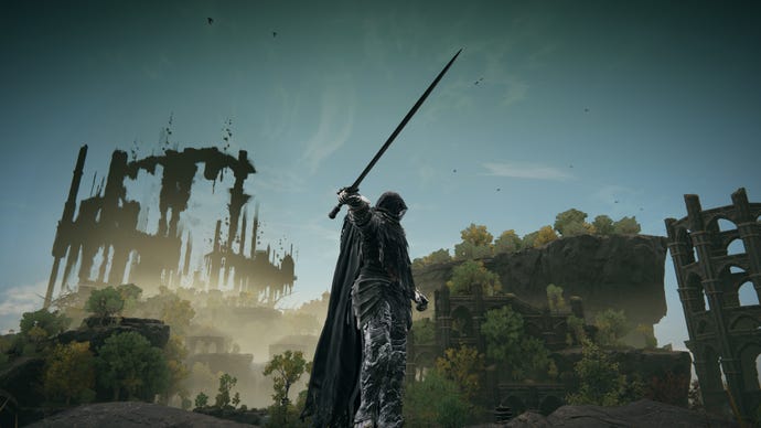 A player in Elden Ring holds the sword Milady out to the side while on a clifftop in the Ruins Of Rauh.