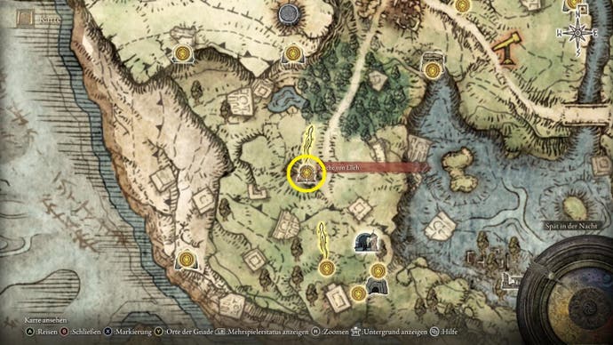 A map screen in Elden Ring showing the location of the Missionary's Cookbook (1) and Nomadic Warrior Cookbook (1) and (2)