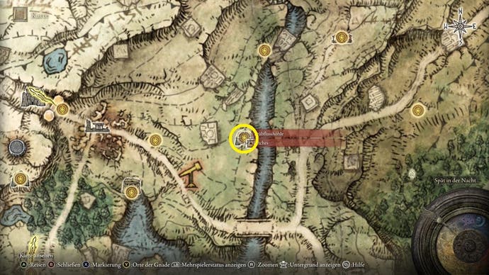 A map screen in Elden Ring showing the location of the Missionary's Cookbook (2)