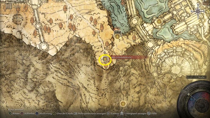 A map screen in Elden Ring showing the location of the Missionary's Cookbook (4)