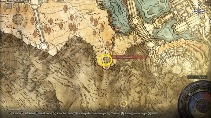 A map screen in Elden Ring showing the location of the Missionary’s Cookbook (4)