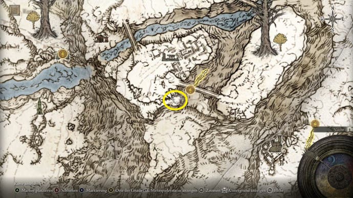 A map screen in Elden Ring showing the location of the Missionary's Cookbook (7)