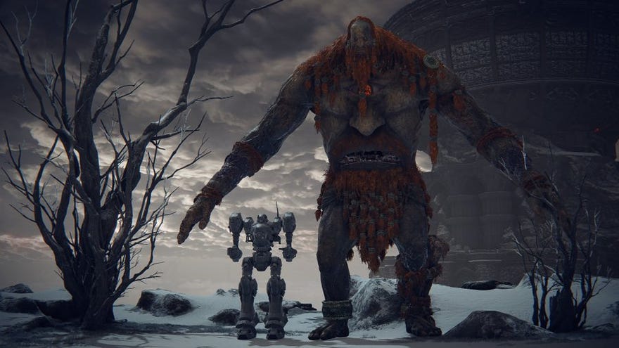 An Armored Core mech standing next to the Fire Giant in Elden Ring, care of a mod from user Zullie the Witch.