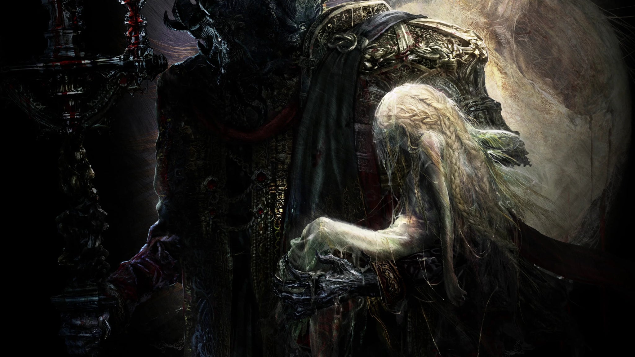 Mohg, Lord Of Blood, carries an unconscious Miquella under one arm in Elden Ring artwork. - 24