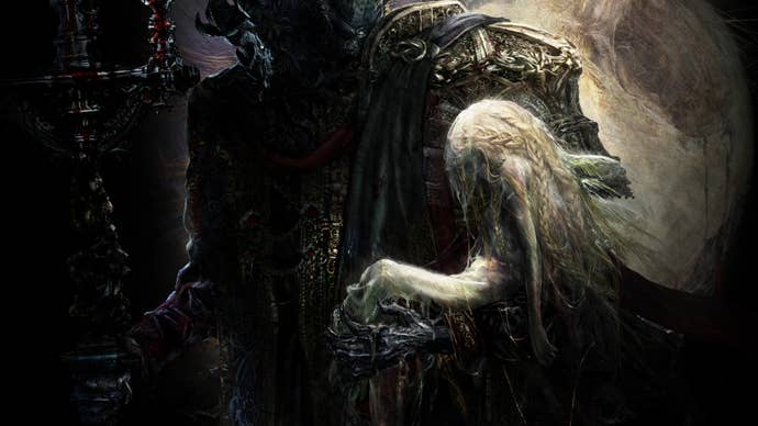 Mohg, Lord Of Blood, carries an unconscious Miquella under one arm in Elden Ring artwork.