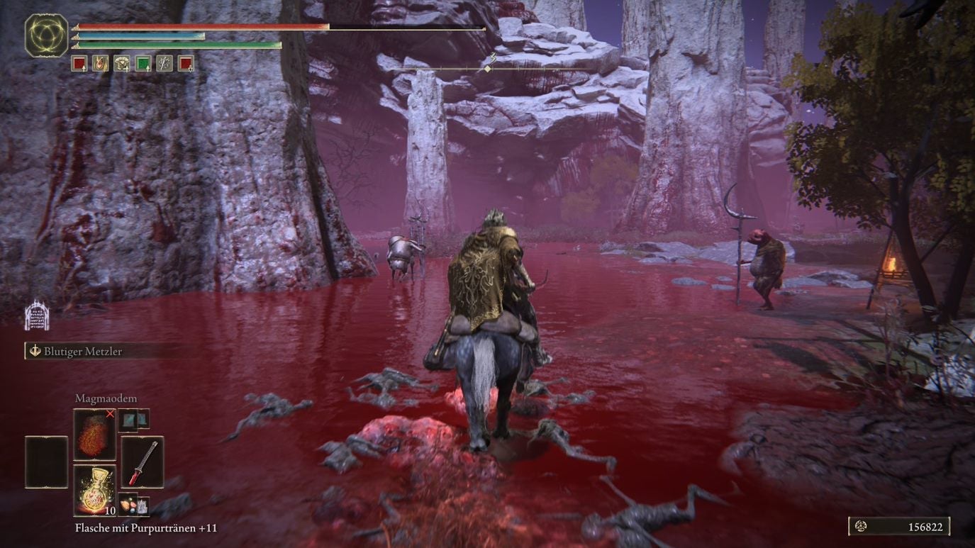 A warrior rides their horse through a lake of blood in Elden Ring.