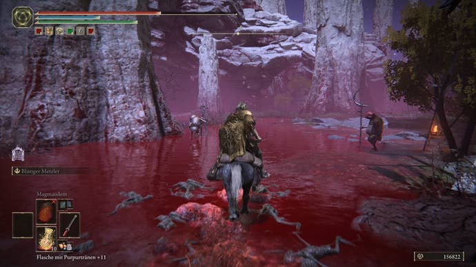 A warrior rides their horse through a lake of blood in Elden Ring.