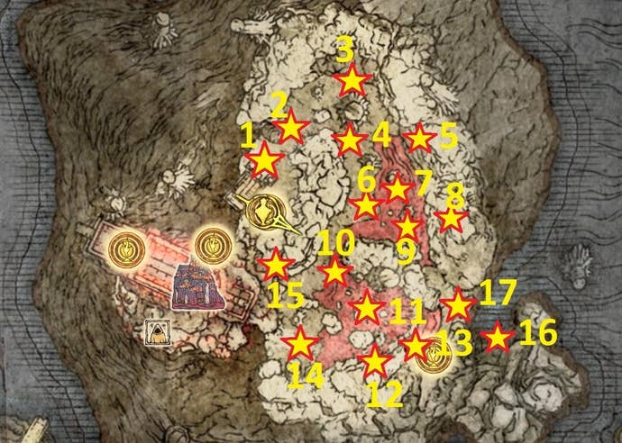 A map screen from Elden Ring showing item locations in Mohgwyn Palace