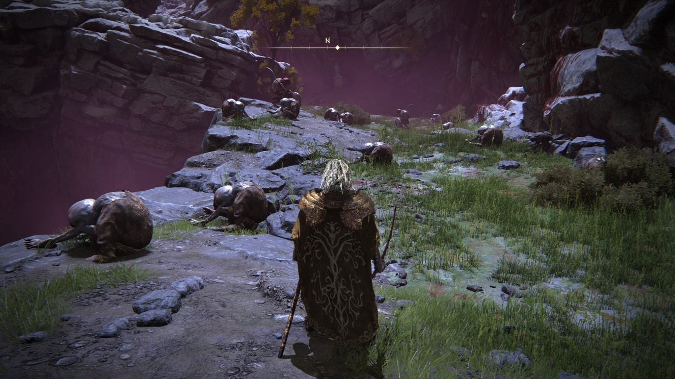 A warrior approaches hunched over corpses in Elden Ring