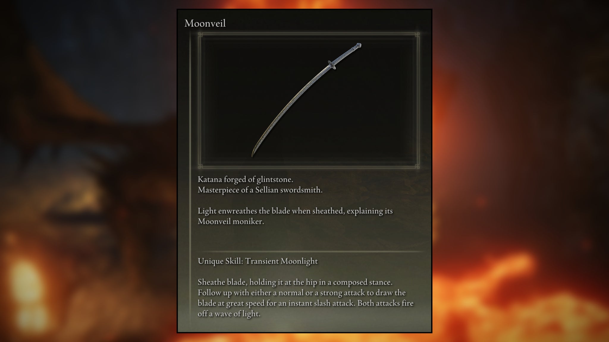 The in-game item description of the Moonveil Katana in Elden Ring, superimposed over a blurred image of magma and rock. - 6