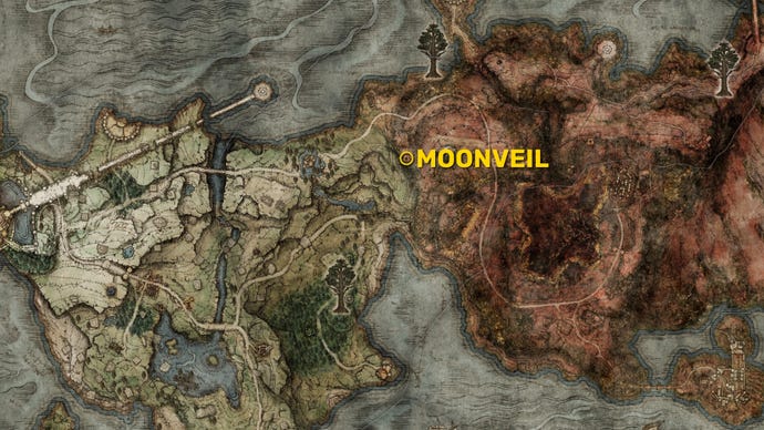 Une partie de la carte d'Elden Ring, mettant en évidence en jaune l'emplacement de Moonveil dans le tunnel de Gael entre Limgrave et Caelid.