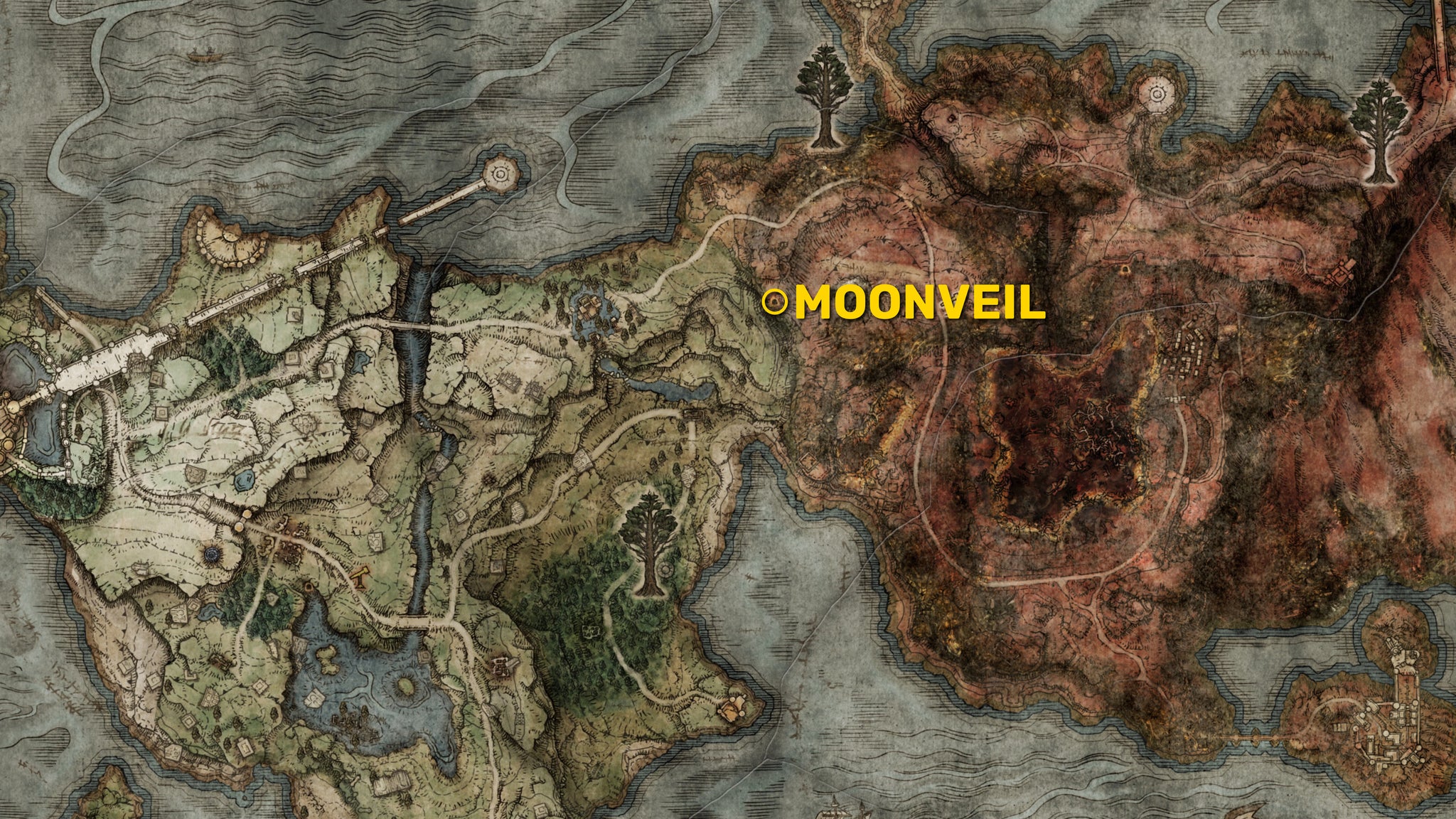 Part of the Elden Ring map, highlighting in yellow the location of Moonveil in Gael Tunnel between Limgrave and Caelid. - 3