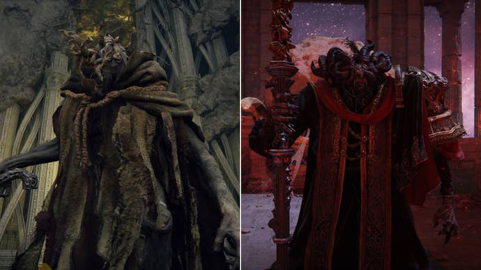 Two screenshots side-by-side showing the Omen Twins of Elden Ring: Morgott on the left, and Mohg on the right.