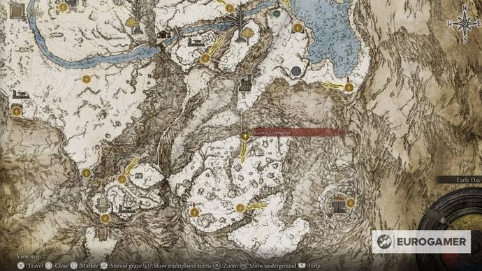 Map showing the location of the west map fragment for the Mountaintops of the Giants in Elden Ring.