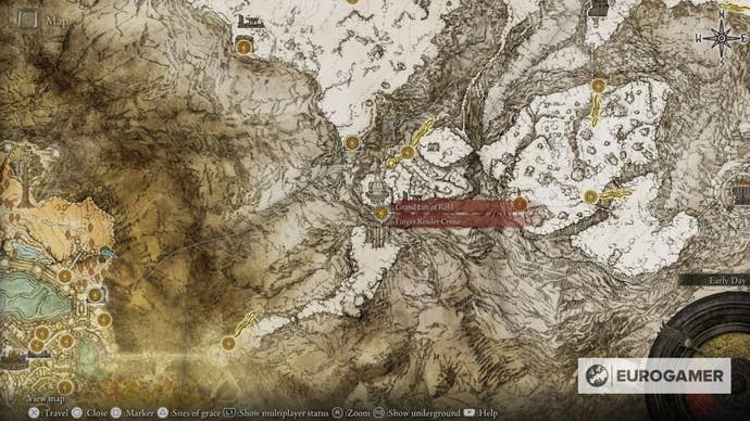 Map showing the location of the west map fragment for the Mountaintops of the Giants in Elden Ring.