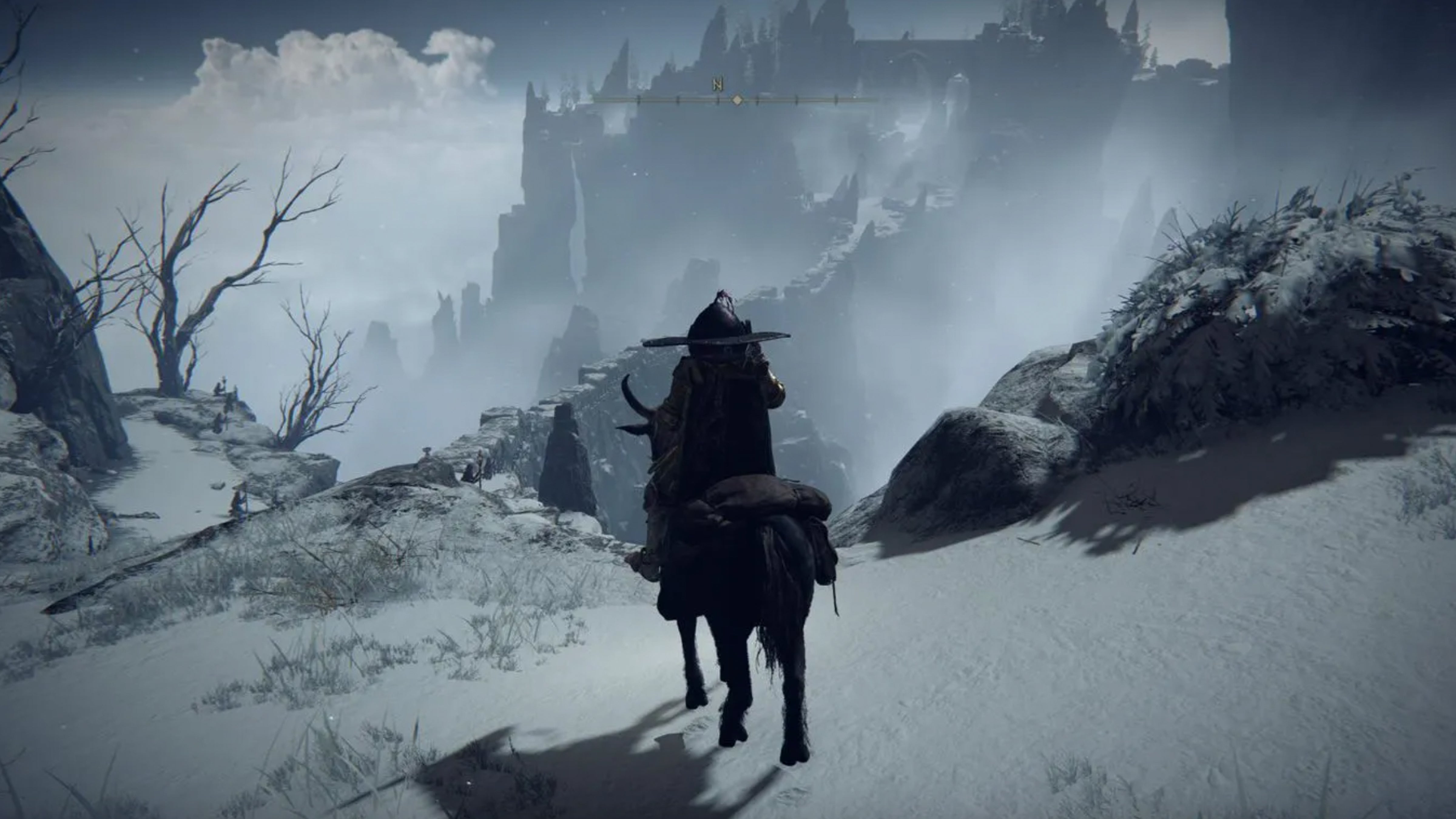 An Elden Ring character riding their horse Torrent in the snowy Mountaintops of the Giants region.