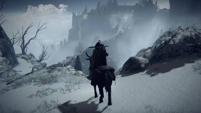 An Elden Ring character riding their horse Torrent in the snowy Mountaintops of the Giants region.
