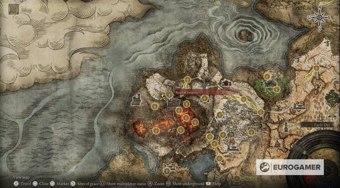 Map showing the location of the Mt Gelmir map fragment in Elden Ring.