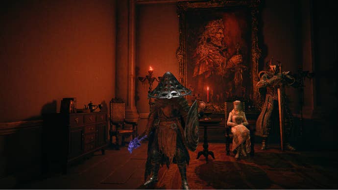 Elden Ring player in Ronin Armor standing by Tanith in Mt Gelmir