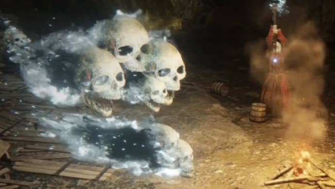 elden ring necromancer garris rolling skulls attack close up