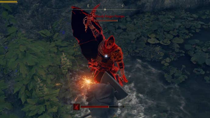 Bloody Finger Nerijus, a miniboss in Elden Ring, raises his dagger to attack the player.