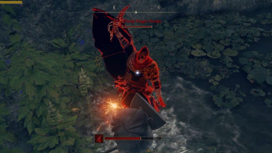 Bloody Finger Nerijus, a miniboss in Elden Ring, raises his dagger to attack the player.