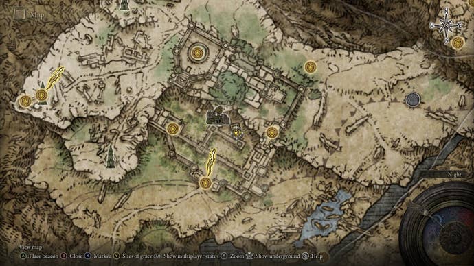 The location of the Sword of Night and Flame in Caria Manor, Northwest Liurnia in Elden Ring