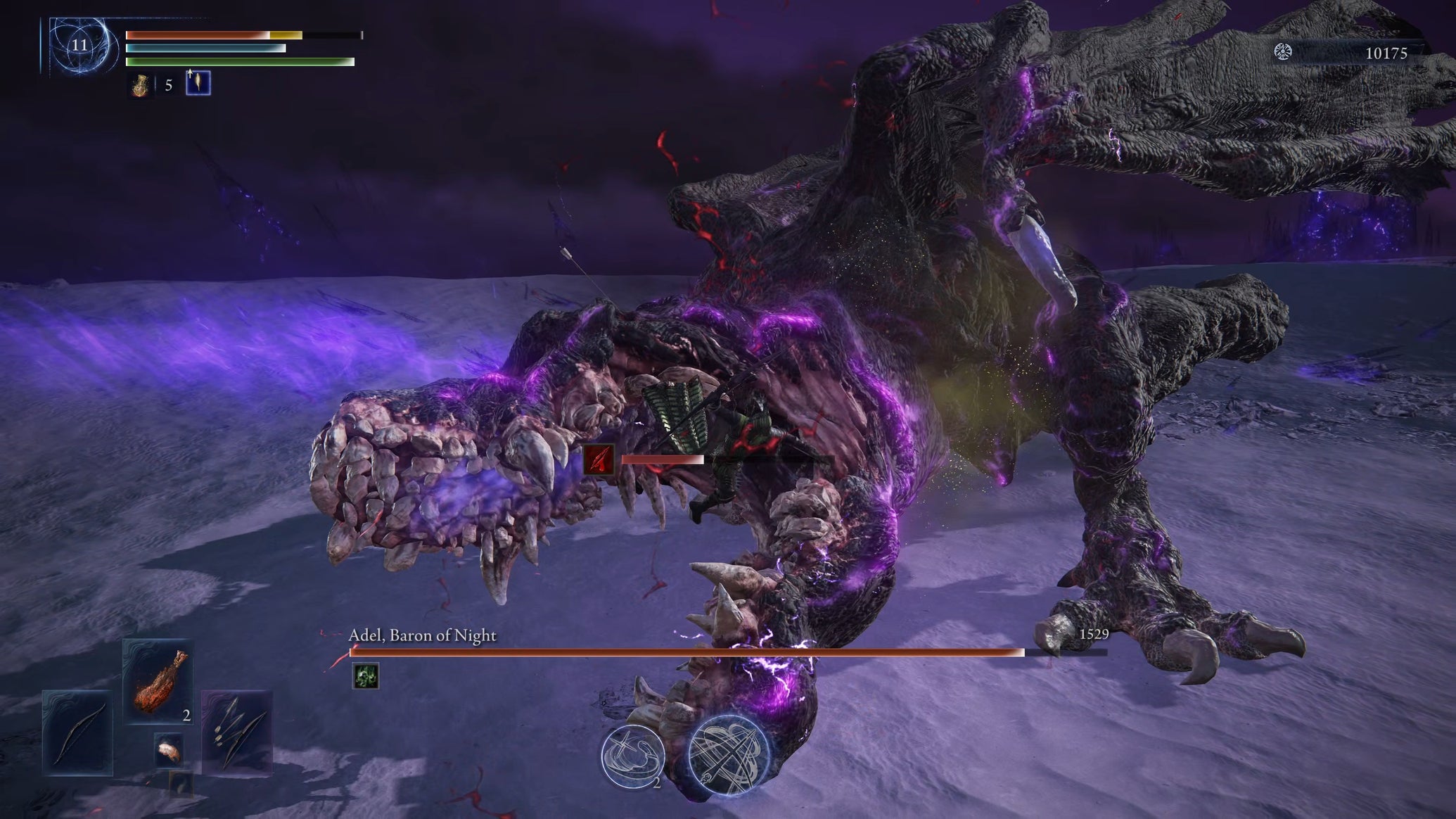 Adel, Baron Of Night, an Everdark Sovereign in Elden Ring: Nightreign, snatches up the player into its jaws and inflicts blood loss on them. - 1