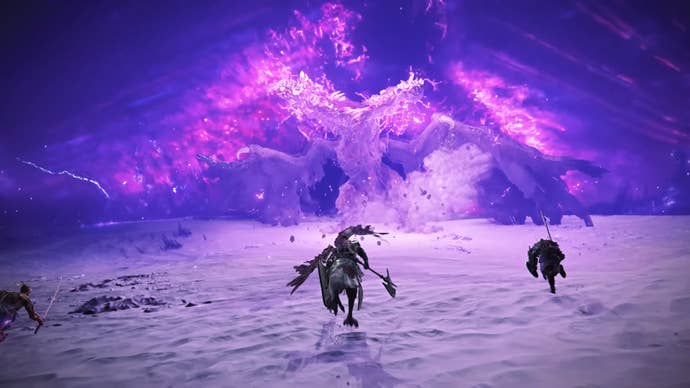 Nightreign, becomes engulfed successful purple lightning and rears up to complaint astatine a squad of players.