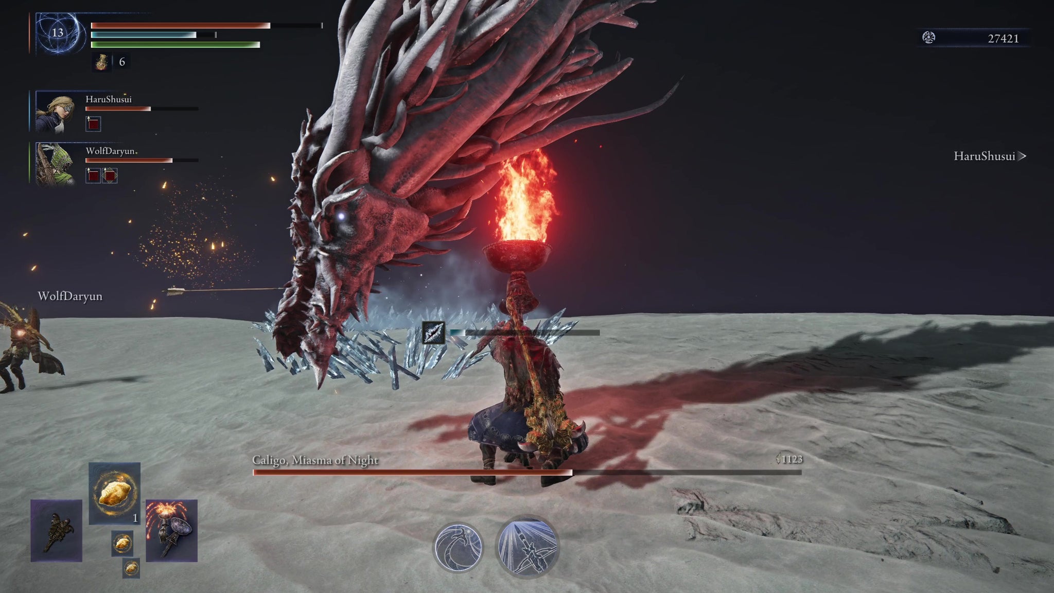 Using a Fire weapon Ash of War on Caligo, Miasma of Night in Elden Ring: Nightreign. - 4