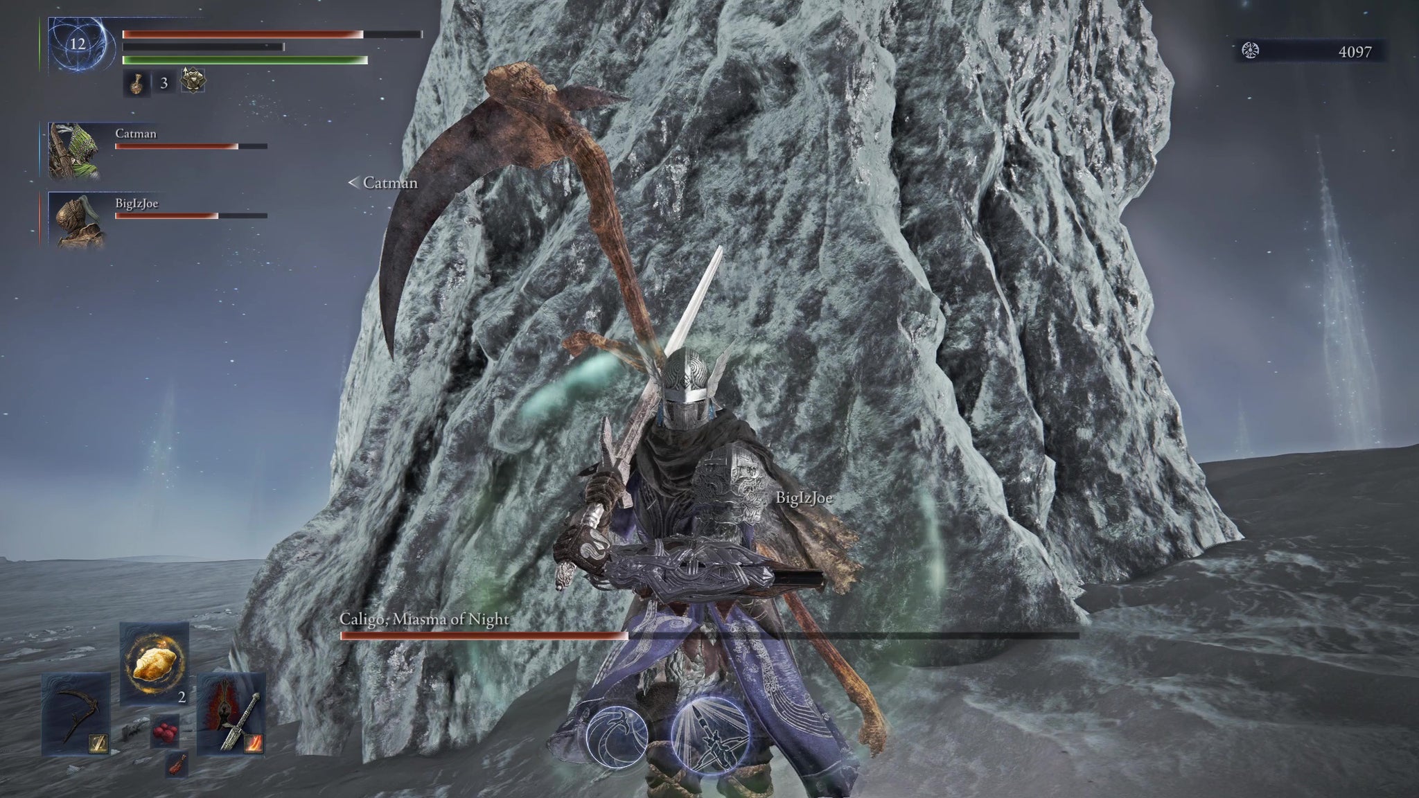 Standing behind a large ice block while fighting Caligo, Miasma of Night in Elden Ring: Nightreign. - 6