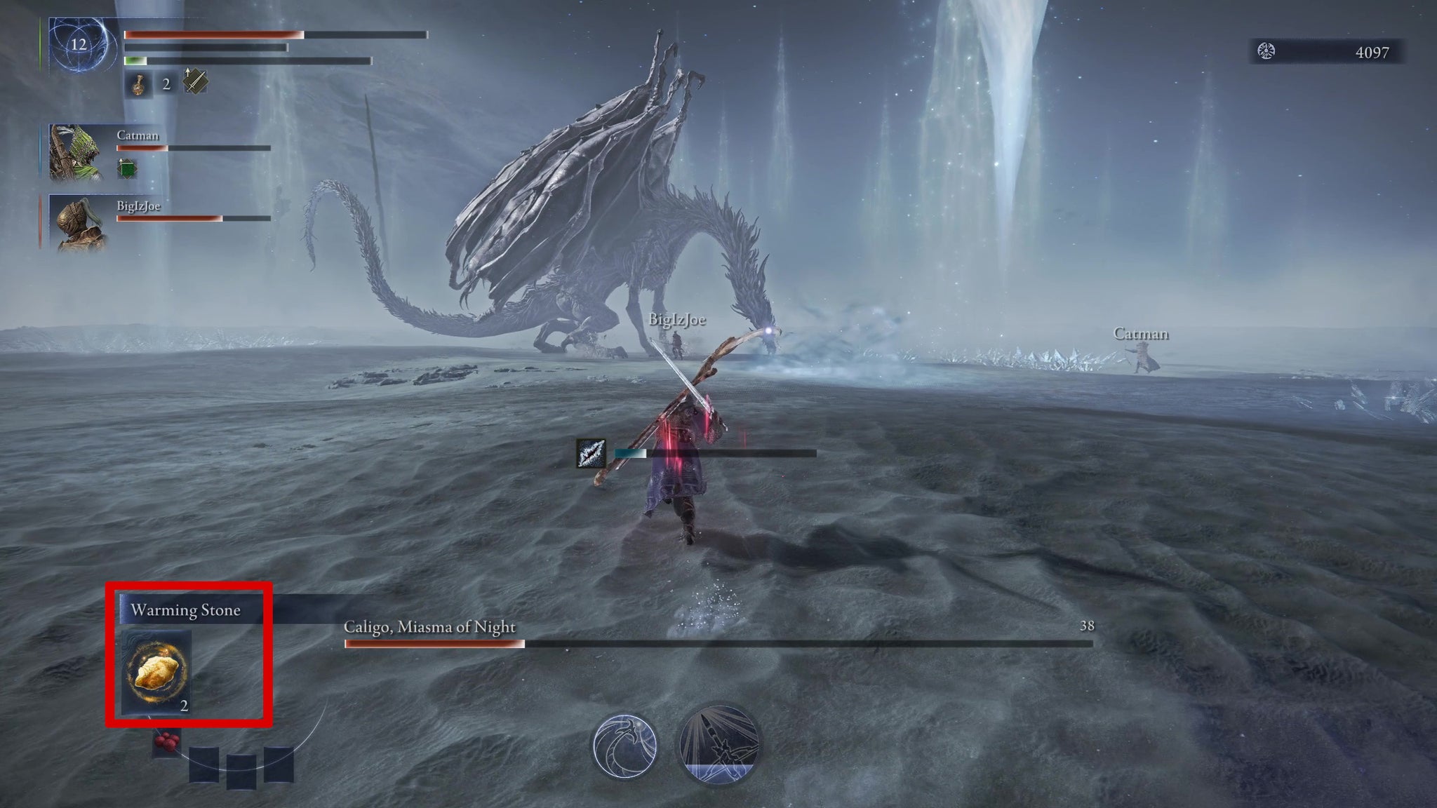 Getting ready to use a Warming Stone while fighting Caligo, Miasma of Night in Elden Ring: Nightreign. - 5