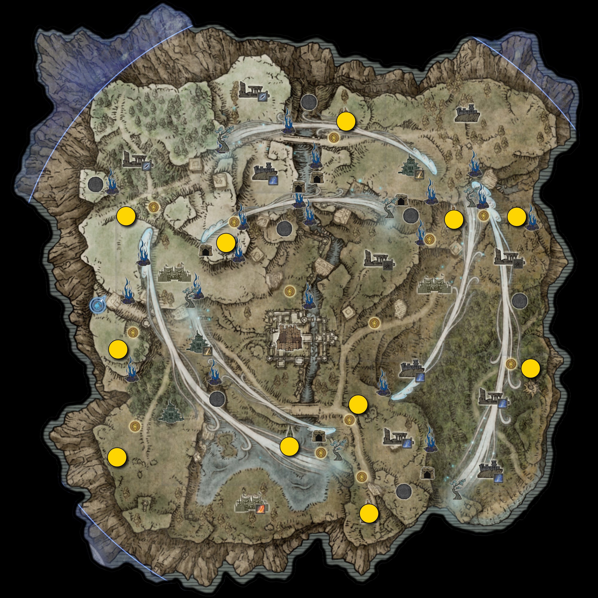 A map of Limveld in Elden Ring: Nightreign, with all the possible locations where Churches can spawn marked with a yellow circle. - 4