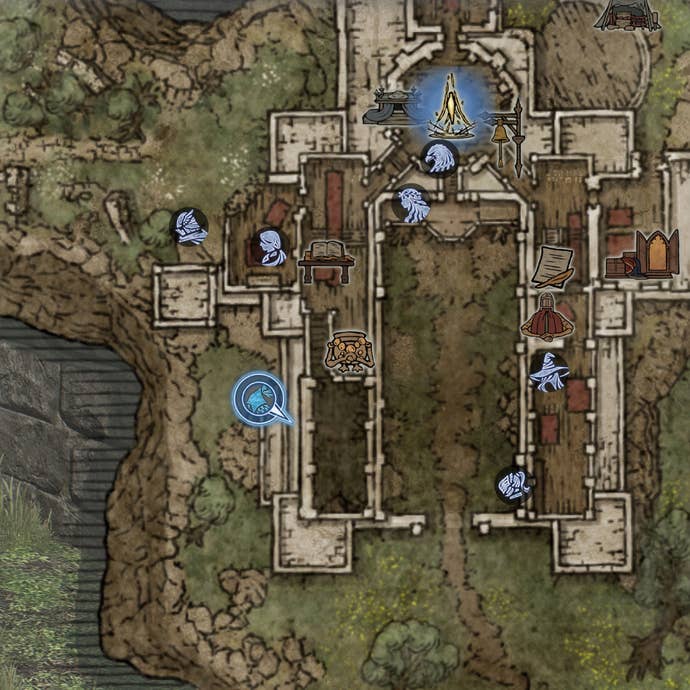 Parte del mapa de la mesa redonda en Elden Ring: Nightreign, que muestra la ubicación del jugador al lado del proveedor de letreros de colección.