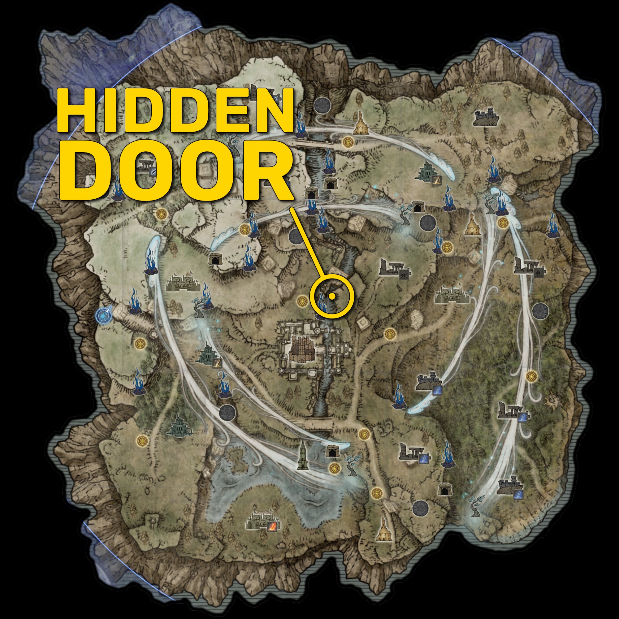 A map of Limveld in Elden Ring: Nightreign, with the location of a hidden stone door in the river near the centre of the map marked and annotated with yellow text. - 6