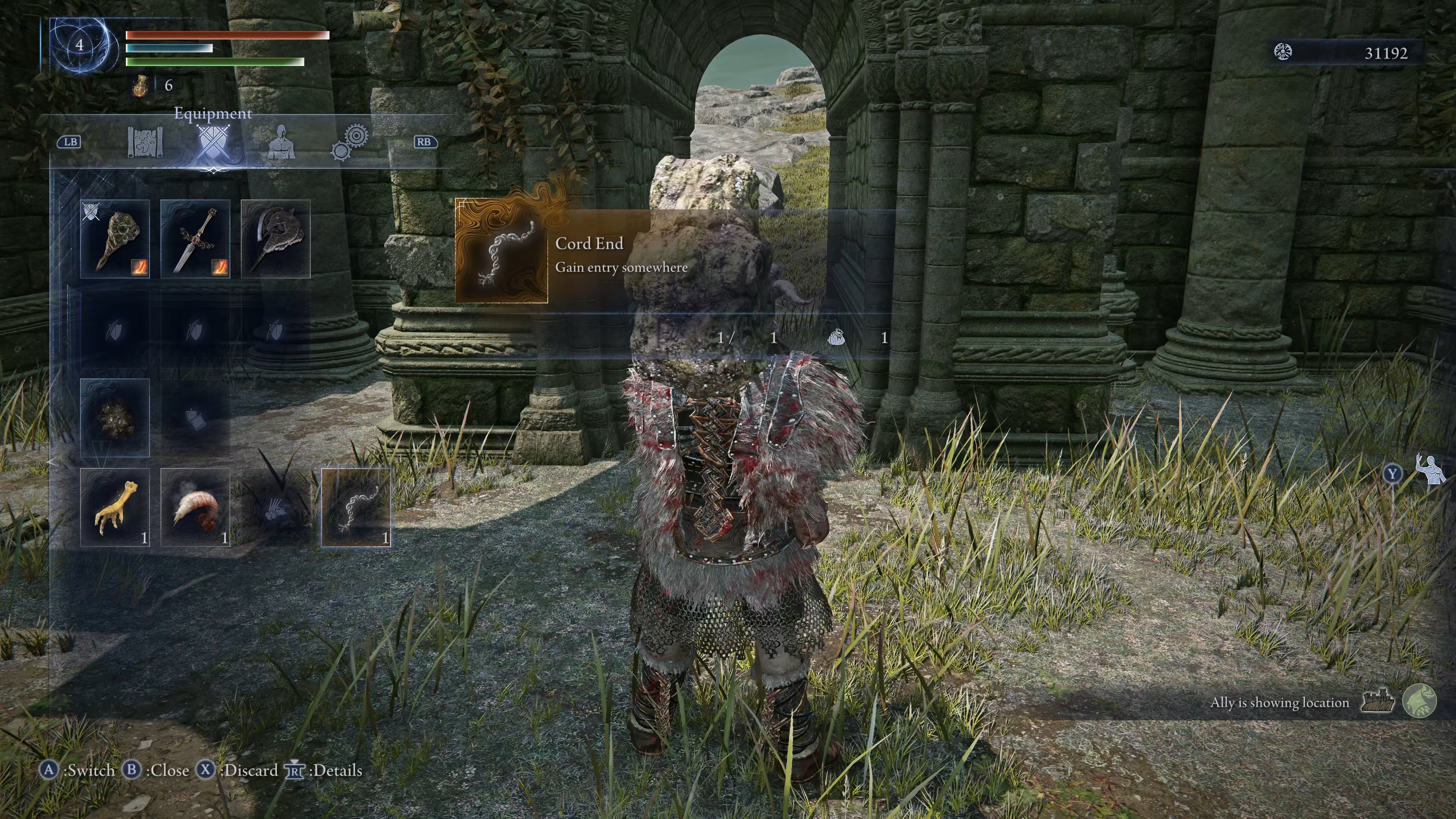 The player in Elden Ring: Nightreign checks their inventory inside a Church and selects the legendary Cord End item to view its description. - 4