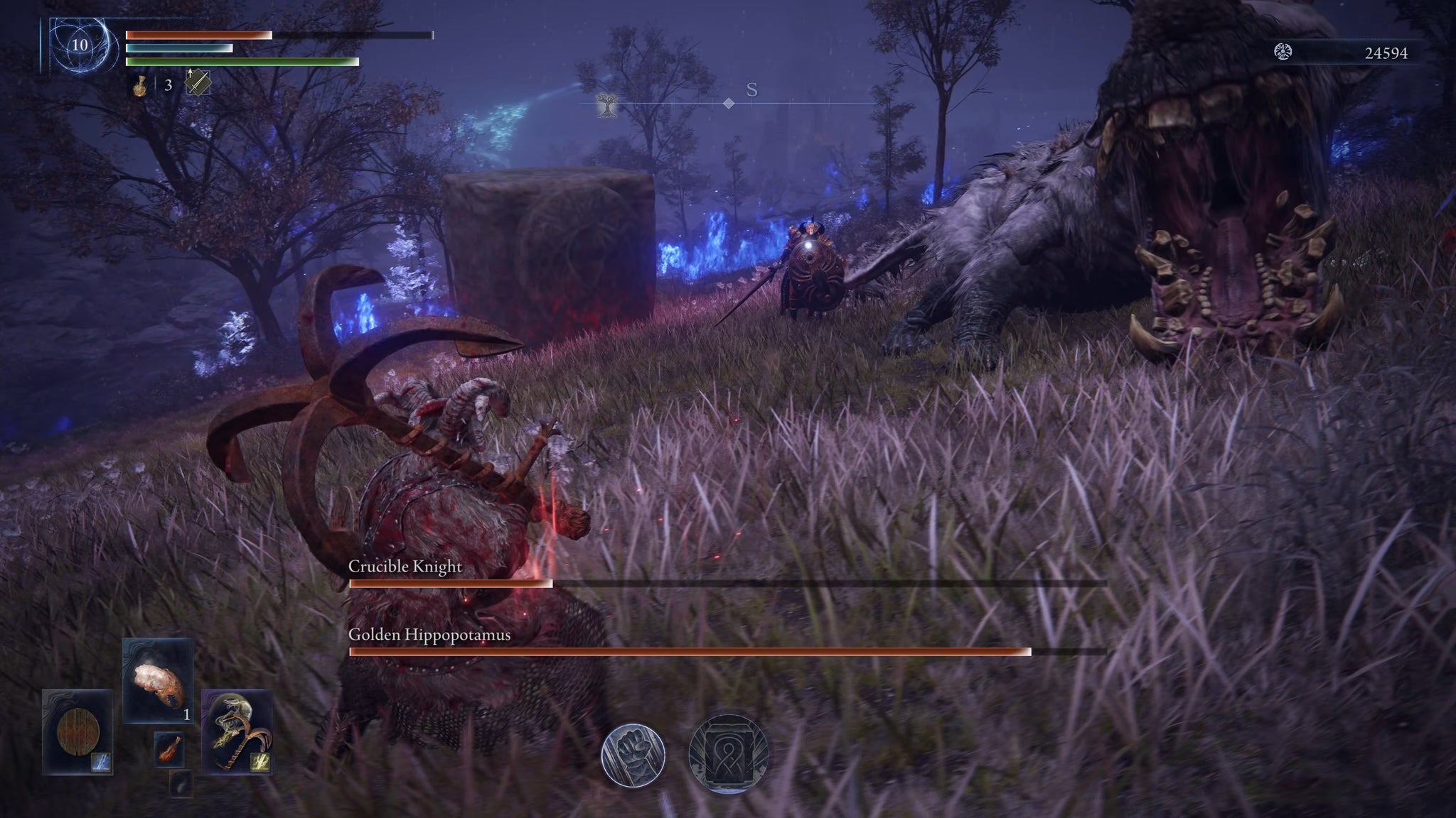 The player in Elden Ring: Nightreign faces a Crucible Knight and Golden Hippopotamus boss as the final challenge of that day in their Expedition run. - 35