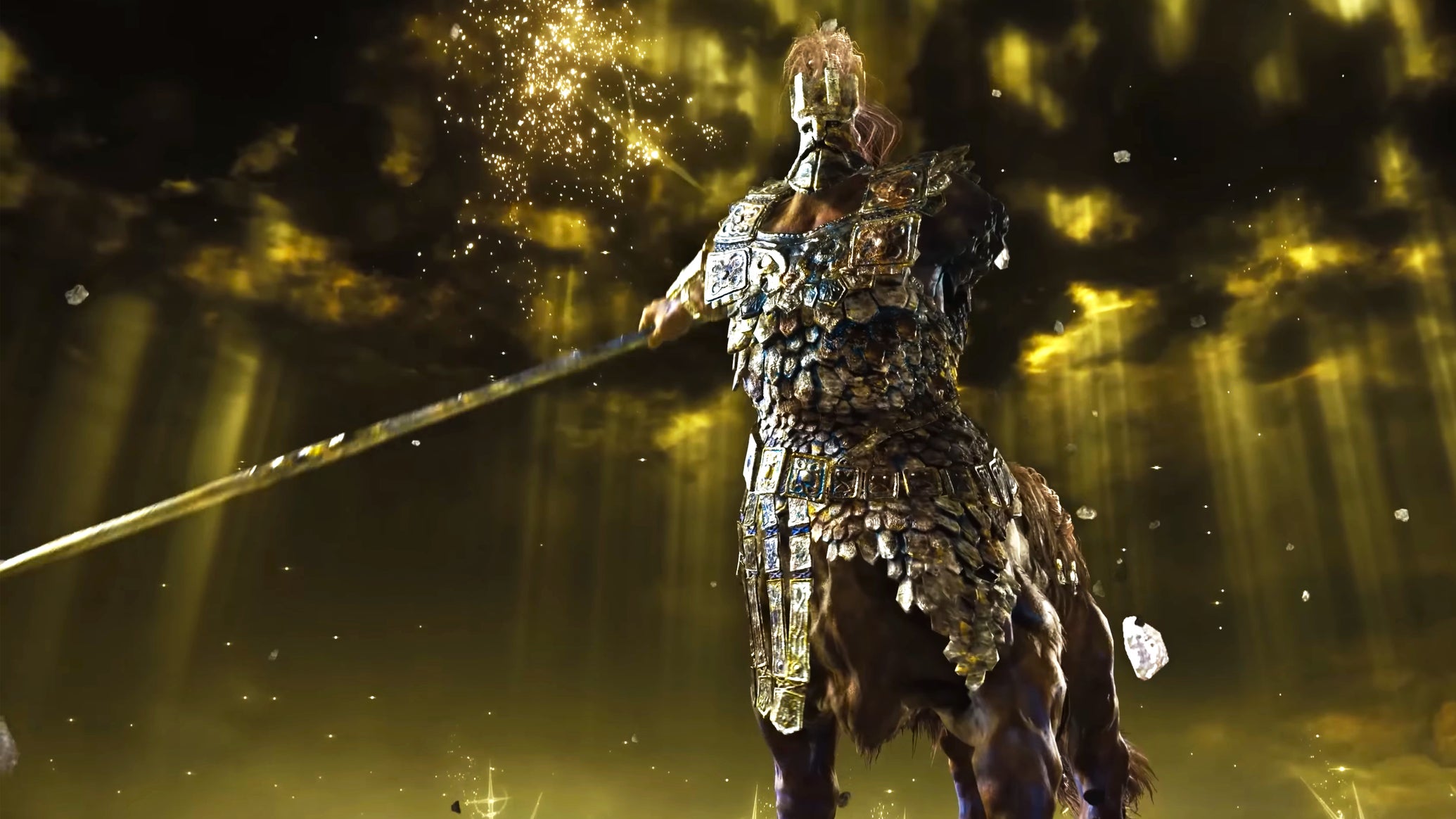 A close-up of Fulghor, the Darkdrift Knight and one of the primary Nightlord bosses in Elden Ring: Nightreign, a one-armed centaur brandishing a blade to the left and standing in an arena awash with a golden aura. - 1
