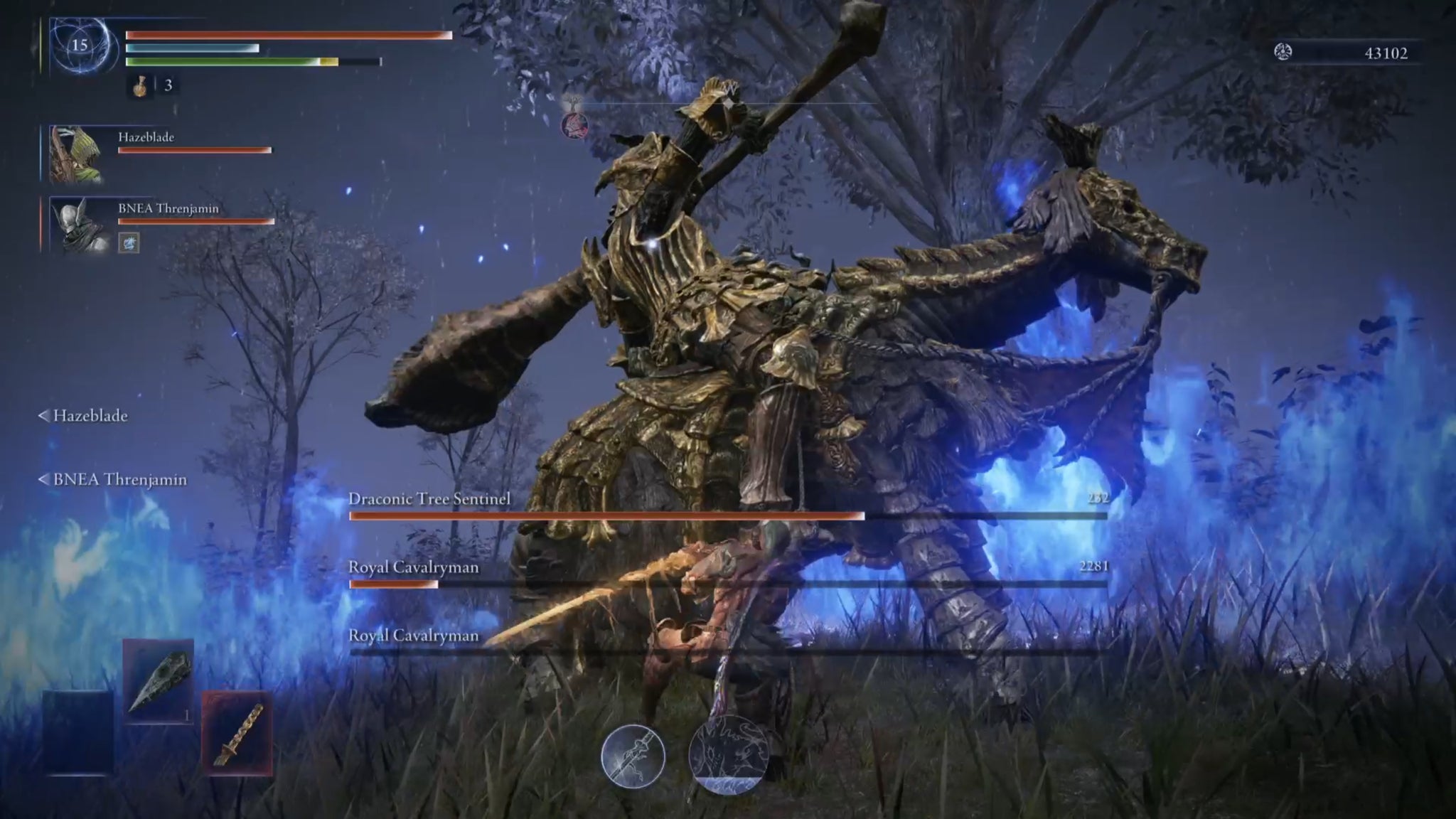 The player in Elden Ring: Nightreign faces a Draconic Tree Sentinel boss as the final challenge of that day in their Expedition run. - 38