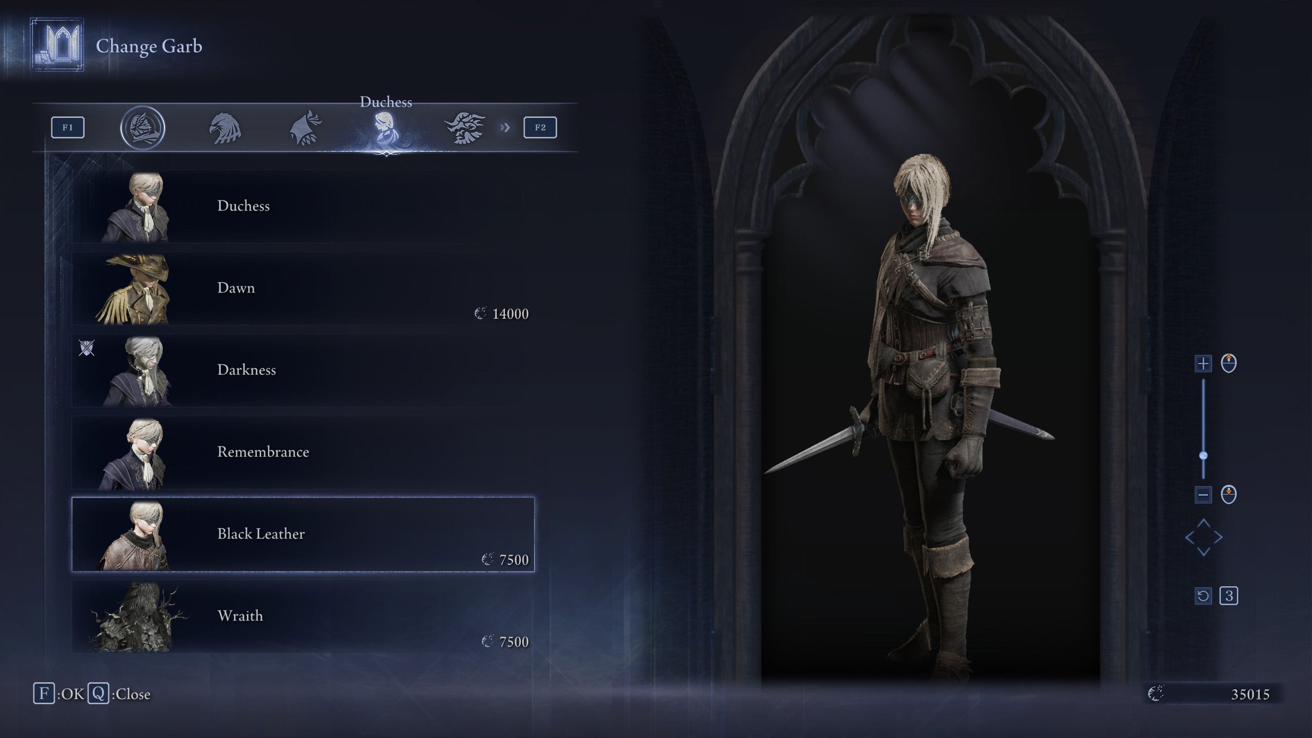 The Change Garb screen in Elden Ring: Nightreign, showing the Black Leather skin for the Ironeye. - 25