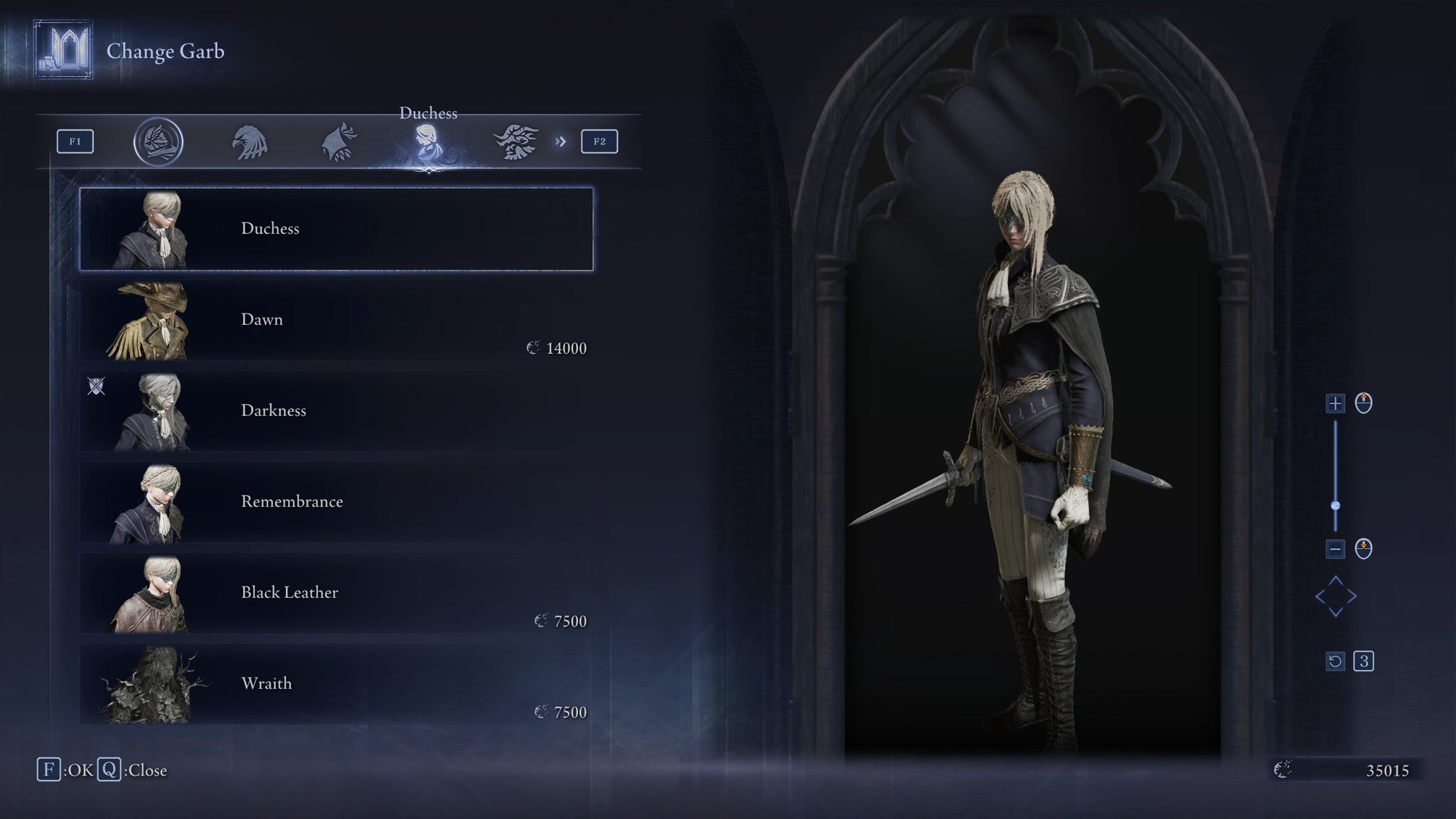 The Change Garb screen in Elden Ring: Nightreign, showing the Default skin for the Duchess. - 21